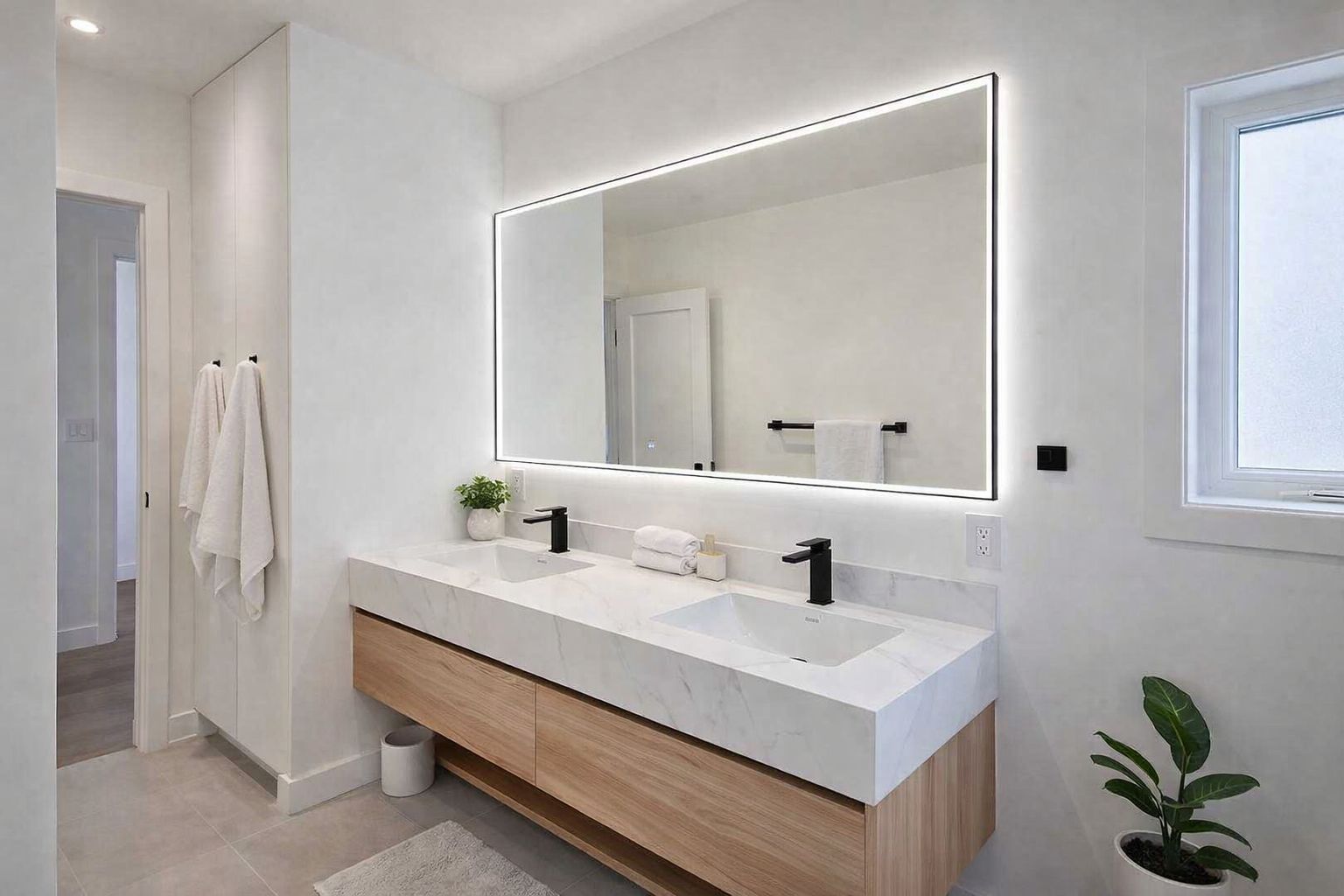 Master bathroom renovation LED mirror