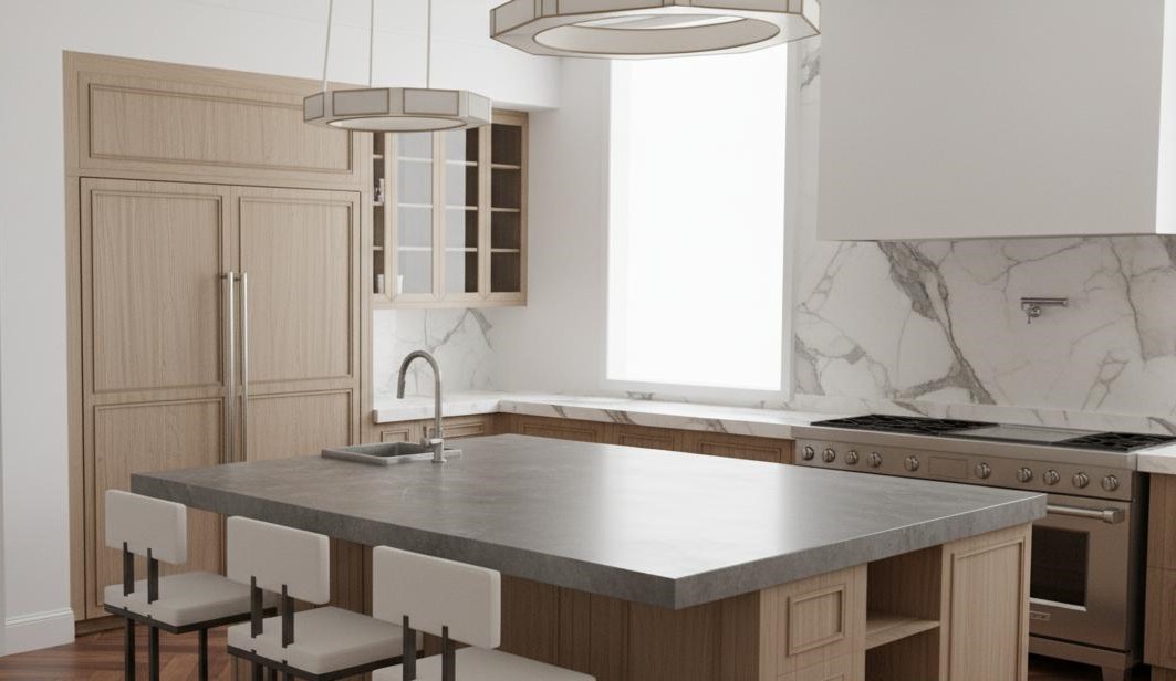 Kitchen renovation design rendering — modern layout with functional work triangle