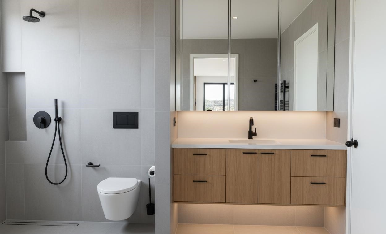 Bathroom renovation design rendering — stone and glass with clean lines