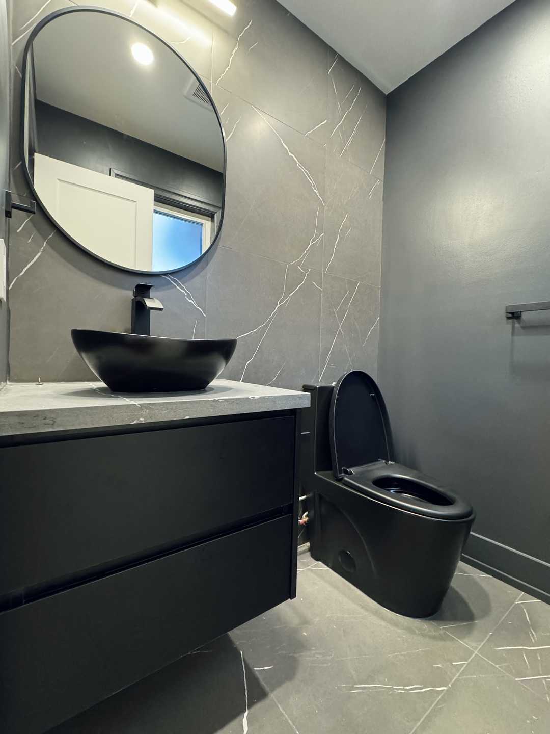Powder room （custom black vanity with two U SHAPE drawers,