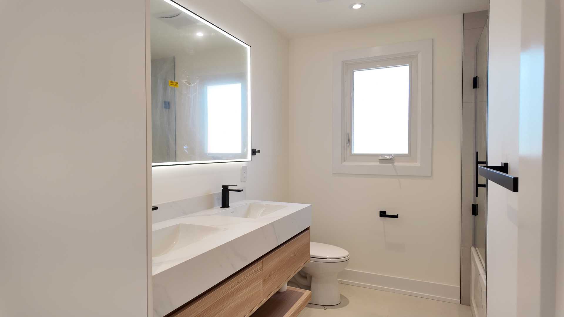 Floating vanity with white MDF tower, 24"*48" beige gray tile,