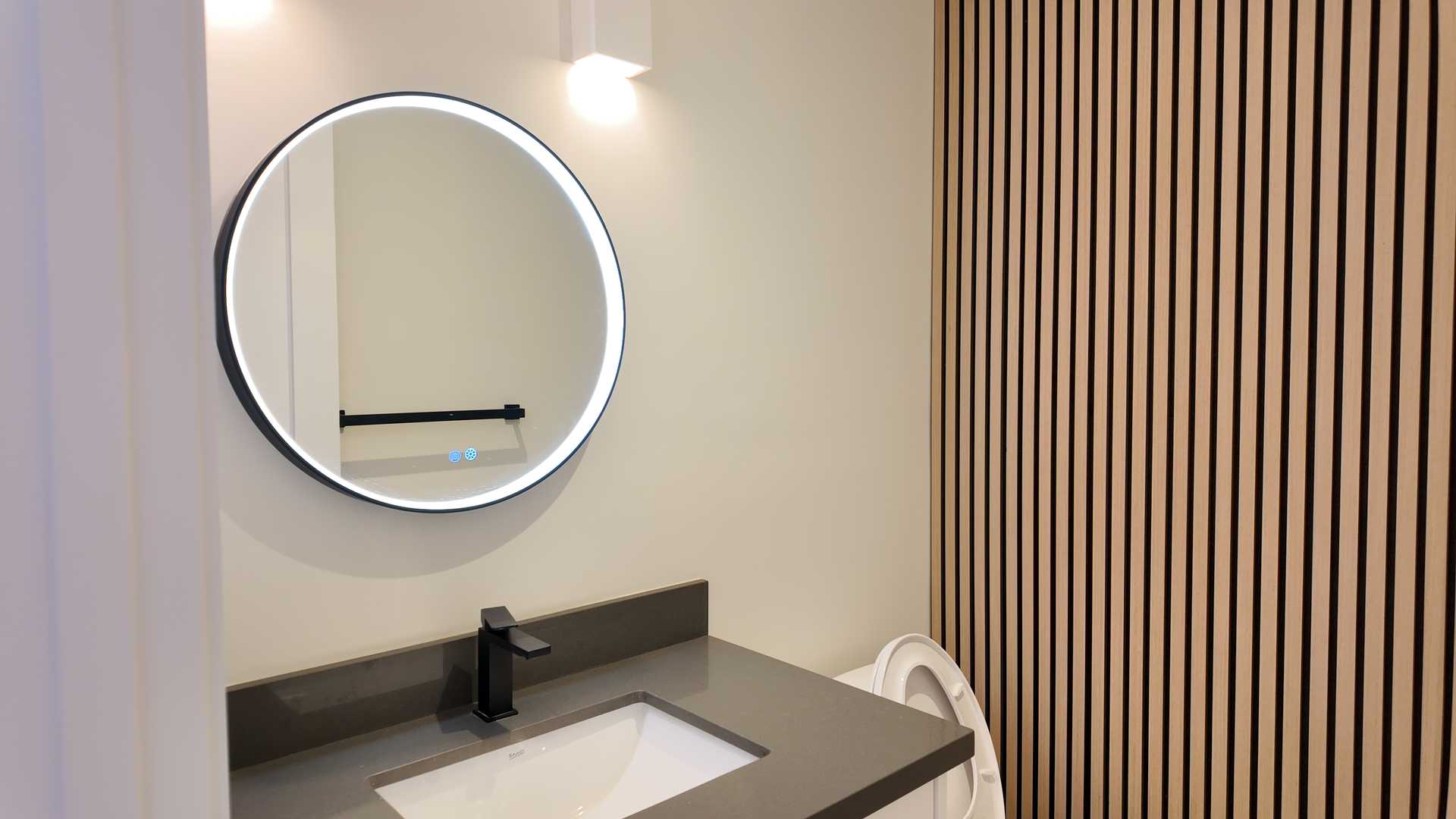 Floating vanity with white MDF tower, 24"*48" beige gray tile,