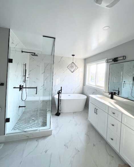 White design bathroom, Track Shape Mirror, Stand alone bathtub.