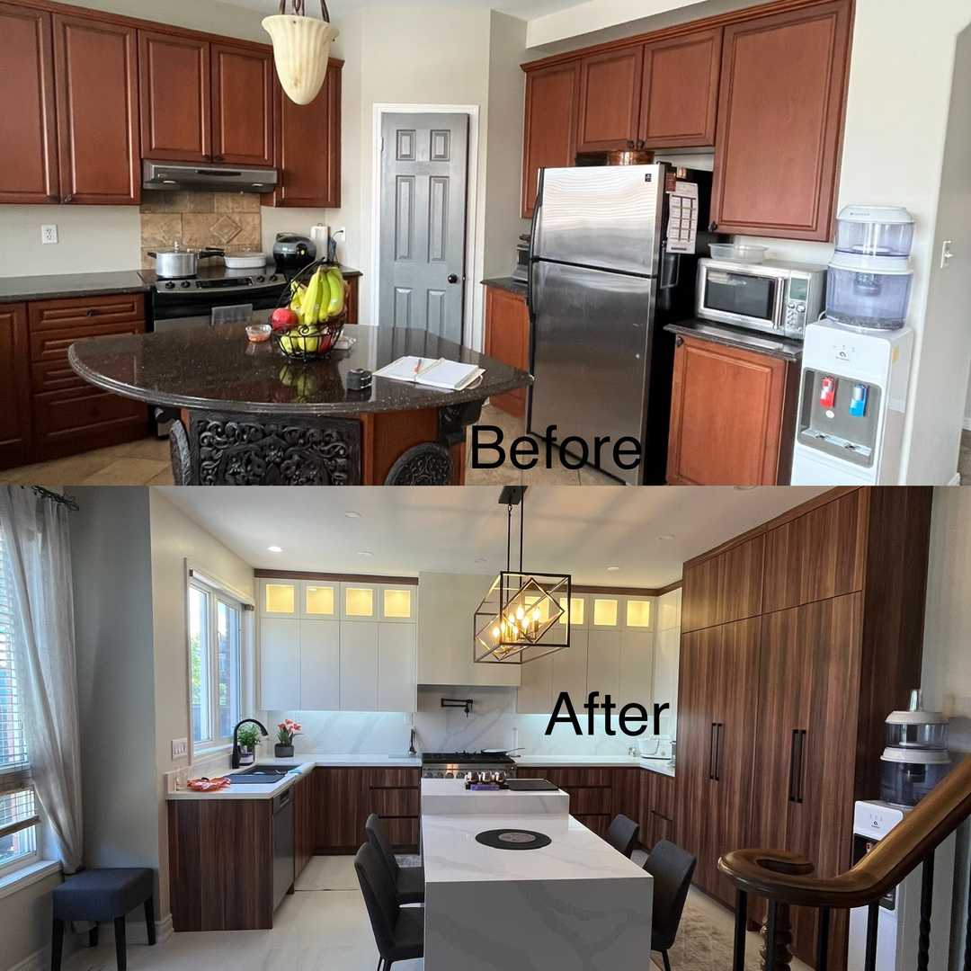 Dark wood linear grain U shape kitchen with multilevel sintered