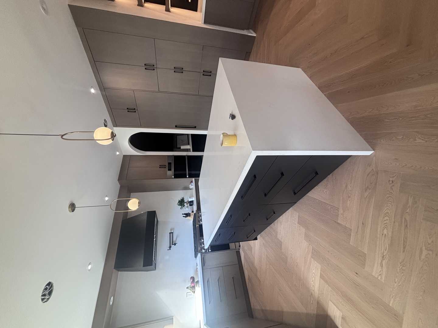 Veneer stain with black mdf spray painting hood, black island,